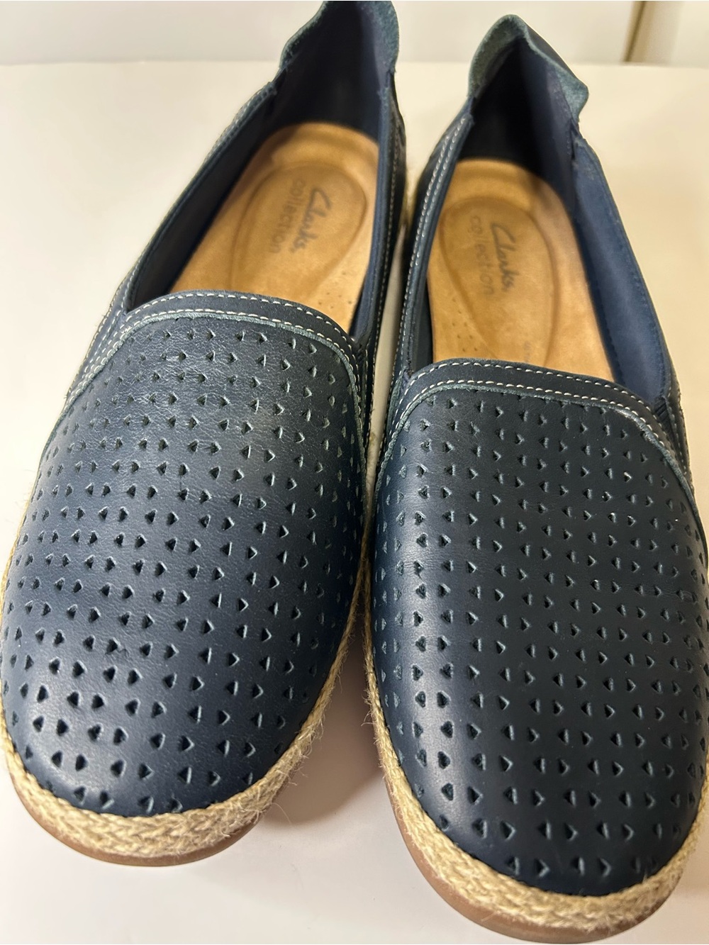 Clarks Navy Perforated Slip-On Espadrilles with Jute Trim